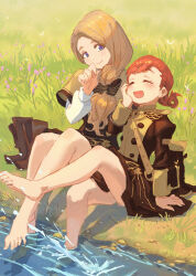 Rule 34 | 2girls, annette fantine dominic, barefoot, blonde hair, blue eyes, blush, boots, bow, brown boots, brown shirt, closed eyes, closed mouth, commentary, english commentary, eyelashes, fingernails, fire emblem, fire emblem: three houses, full body, garreg mach monastery uniform, grass, green little, hair bow, hand on own face, long hair, long sleeves, mercedes von martritz, multiple girls, nintendo, open mouth, orange hair, outdoors, ponytail, shirt, short hair, sitting, smile, soaking feet, thick eyebrows, unworn boots, water, water drop
