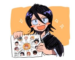 1girl :d abarai_renji arrow_(symbol) black_hair bleach blush_stickers docoe_dot doodle_inset double-parted_bangs drawing_(object) hair_between_eyes happy hirako_shinji holding holding_paper inoue_orihime ishida_uryuu kuchiki_rukia kurosaki_ichigo kurosaki_isshin looking_at_viewer madarame_ikkaku medium_hair open_mouth paper sado_yasutora short_eyebrows simple_background sketch smile smug solo sparkle translation_request two-tone_background upper_body urahara_kisuke v-shaped_eyebrows zaraki_kenpachi