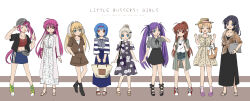 Rule 34 | 6+girls, :d, ;d, ^ ^, ahoge, alternate costume, alternate hairstyle, arm at side, arms at sides, bat hair ornament, black dress, black hair, black skirt, blonde hair, blue eyes, blue hair, blue ribbon, blue skirt, braid, breasts, brown hair, brown shirt, casual, cleavage, closed eyes, commentary request, copyright name, cross, cross necklace, denim, denim shorts, dress, english text, everyone, facing viewer, floating hair, floral print, french braid, full body, futaki kanata, grey shirt, hair bun, hair ornament, hair ribbon, hand in pocket, hat ornament, highres, jewelry, kamikita komari, kurugaya yuiko, large breasts, little busters!, long hair, long skirt, looking at viewer, multiple girls, natsume rin, necklace, nishizono mio, noumi kudryavka, off-shoulder dress, off shoulder, one eye closed, open mouth, orange eyes, pencil skirt, purple eyes, purple hair, red eyes, ribbon, saigusa haruka, sasasegawa sasami, shirt, short hair, shorts, side ponytail, simple background, single hair bun, skirt, smile, standing, star (symbol), star hat ornament, tokido saya, twintails, v, v over eye, very long hair, wasabi11060612, white background, white dress, white ribbon, white shirt, yellow dress, yellow eyes