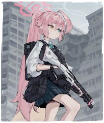 Rule 34 | 1girl, absurdres, ahoge, beretta 1301, black gloves, blue archive, blue eyes, border, building, bulletproof vest, dress shirt, gloves, gun, halo, handgun, heterochromia, highres, holding, holding gun, holding weapon, holster, hoshino (armed) (blue archive), hoshino (blue archive), long hair, necktie, orange eyes, pink hair, pink halo, pleated skirt, ponytail, pouch, ruins, scarlet23i0, school uniform, shield, shield on back, shirt, shotgun, skirt, solo, tactical school uniform, trigger discipline, urban, weapon, white border, white shirt