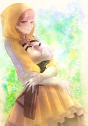 1girl absurdres braid breasts brown_hair corset fire_emblem fire_emblem_engage gloves goldmary_(fire_emblem) hair_ribbon highres hood hood_up hooded_top large_breasts long_hair looking_at_viewer low_ponytail nekoyashiki_08 nintendo ponytail ribbon side_ponytail skirt smile solo white_gloves white_ribbon yellow_eyes yellow_skirt