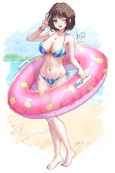 1girl bare_shoulders beach bikini blue_bikini blush bracelet breasts brown_hair cleavage collarbone flower hair_flower hair_ornament highres holding holding_swim_ring innertube jewelry large_breasts looking_at_viewer navel necklace ocean one_eye_closed open_mouth original pink_innertube sand short_hair smile solo stomach striped_bikini striped_clothes swim_ring swimsuit v wanatsu_15 water white_bikini