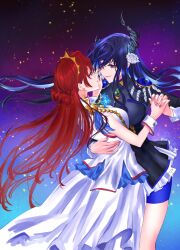 Rule 34 | 2girls, black jacket, blue shorts, closed mouth, commentary request, dress, elizabeth rose bloodflame, epaulettes, eye contact, glasses, green brooch, hand on another&#039;s waist, highres, holding hands, hololive, horns, interlocked fingers, jacket, long hair, looking at another, mole, mole under eye, multiple girls, nerissa ravencroft, purple hair, red eyes, red hair, shorts, shoujo kakumei utena, smile, tiara, virtual youtuber, white dress, yuri, yuri kyanon