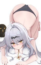 1girl absurdres ahoge bare_arms bare_shoulders barefoot bird black_bird black_panties blush breast_press breasts cleavage closed_mouth commentary_request furrowed_brow hair_between_eyes hair_intakes hair_ornament highres izumiillus large_breasts long_hair looking_at_viewer no_pants on_ground panties simple_background solo thighs top-down_bottom-up underwear very_long_hair white_background white_hair yellow_eyes yixuan_(zenless_zone_zero) zenless_zone_zero