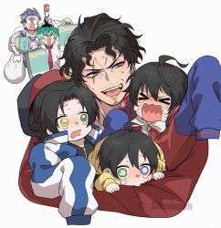 Rule 34 | &gt; &lt;, 6+boys, :d, ^3^, age regression, aged down, ahoge, amayado rei, aqua hair, argyle clothes, argyle sweater vest, arm up, baby, baseball cap, beard stubble, black hair, black shirt, blue eyes, blue jacket, blush, box, brothers, buster bros!!!, carrying, carrying baby, carrying multiple people, carrying person, cheekbones, chudooon, closed eyes, collared shirt, cropped torso, crying, curtained hair, dotsuitare hompo, eyewear strap, facial hair, family, film grain, furrowed brow, glasses, green eyes, grey eyes, grin, hair between eyes, hair slicked back, hat, hat loss, headphones, headphones around neck, heterochromia, highres, holding, holding box, hood, hood down, hoodie, hypnosis mic, jacket, jacket over hoodie, letterman jacket, light blush, long sleeves, looking at another, male focus, mature eyes, mature male, mole, mole under eye, mole under mouth, multicolored hair, multicolored jacket, multiple boys, multiple moles, mustache stubble, necktie, nervous sweating, nose blush, nurude sasara, opaque glasses, open mouth, oversized clothes, parted bangs, pink necktie, purple hair, raised inner eyebrows, rattle, red jacket, red shirt, romaji text, round eyewear, scar, scar across eye, scar on face, shaded face, shirt, short hair, siblings, sleeves past fingers, sleeves past wrists, sleeves rolled up, smile, sobbing, streaked hair, stubble, sukajan, sweat, sweater vest, tears, tsutsujimori rosho, twitter username, two-tone jacket, v-shaped eyebrows, very short hair, wavy hair, wavy mouth, white background, white hoodie, white shirt, wide-eyed, wispy bangs, wrinkled skin, yamada ichiro, yamada jiro, yamada saburo, yellow eyes, yellow hoodie, zipper
