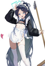 1girl :d absurdres apron aqua_halo aris_(blue_archive) aris_(maid)_(blue_archive) black_hair blue_archive blue_eyes breasts broom halo highres holding holding_broom long_hair long_sleeves looking_at_viewer maid_apron official_alternate_costume open_mouth simple_background small_breasts smile solo standing suye thighhighs very_long_hair white_apron white_background white_thighhighs