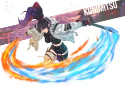 1girl absurdres bandaged_leg bandages black_and_red_and_purple_hair black_gloves black_shorts black_sweater black_thighhighs breasts character_name commentary commission dual_wielding english_commentary gloves hair_ribbon high_ponytail highres holding holding_sword holding_weapon jacket kitsune_marks kunimitsu_ii long_sleeves looking_at_viewer medium_breasts midriff multicolored_hair namco navel ninja open_clothes open_jacket parted_lips ponytail red_ribbon ribbed_sweater ribbon shorts single_thighhigh solo sweater sword tekken tekken_7 tekken_tag_tournament_2 thighhighs weapon white_jacket yincrescent