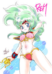 Rule 34 | 1girl, arm behind head, arm up, armor, armpits, ayanokouji rem, bikini, bikini armor, blue eyes, bracer, breasts, cameltoe, character name, dream hunter rem, gem, gluteal fold, green hair, groin, kisaragi miyuki, legs apart, long hair, navel, pauldrons, pink bikini, red bikini, shoulder armor, smile, solo, stomach, swimsuit, sword, thighs, tiara, weapon