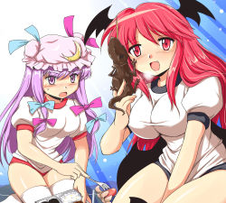 2girls alternate_costume arm_up bat_wings blush breasts buruma crescent fang female_focus flx fork gym_uniform hair_ribbon hat head_wings koakuma large_breasts lizard long_hair multiple_girls bento open_mouth patchouli_knowledge purple_eyes purple_hair red_eyes red_hair ribbon rice shirt shorts smile stick embodiment_of_scarlet_devil thighhighs touhou white_legwear wings