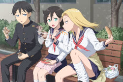 1boy 2girls afterimage aged_down bag bags_under_eyes bench black_hair black_jacket black_pants blonde_hair blue_eyes blue_sailor_collar blue_skirt breasts bush buttons carton chopsticks cleavage commentary_request commission convenient_leg drinking_straw earrings eating food food_request food_theft furoshiki gakuran green_eyes hair_between_eyes holding holding_chopsticks holding_food holding_juice_box ichikawa_masahiro jacket jewelry juice_box knee_up kuroki_tomoko&#039;s_father kuroki_tomoko&#039;s_mother long_hair long_sleeves looking_at_another loose_socks miniskirt motion_blur motion_lines multiple_girls neckerchief on_bench open_mouth outdoors pants pleated_skirt red_eyes red_neckerchief sailor_collar school_uniform serafuku shirt short_hair sitting skeb_commission skirt socks surprised sweater watashi_ga_motenai_no_wa_dou_kangaetemo_omaera_ga_warui! white_shirt white_socks wooden_bench yellow_sweater yoshida_masaki&#039;s_mother