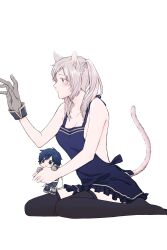 1boy 1girl adapted_costume animal_ears apron babynabe black_thighhighs blue_apron blue_eyes blue_hair braid breasts brown_eyes cat_ears cat_tail character_doll chibi chibi_inset chrom_(fire_emblem) chrom_(fire_emblem)_(cosplay) cleavage commentary_request cosplay doll fake_animal_ears fake_tail female_robin_(fire_emblem) fire_emblem fire_emblem_awakening frilled_apron frills from_side gloves grey_gloves highres holding_chibi long_hair medium_breasts nintendo short_hair sitting solo_focus tail thighhighs twintails white_hair
