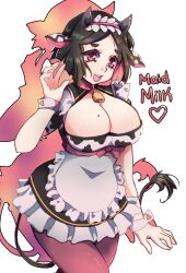 1girl :3 absurdres animal_ears animal_print apron arm_up bell black_dress black_hair black_horns black_tail bob_cut borrowed_character bow breasts chest_bow cleavage cleavage_cutout clothing_cutout collar colored_inner_hair commentary cow_ears cow_girl cow_horns cow_print cow_tail cowbell cowboy_shot curled_fingers dress drop_shadow english_commentary english_text frilled_apron frilled_dress frills fur-tipped_tail gold_trim grin hairband half-closed_eyes heart highres horns itsd4rkst4r large_breasts long_eyelashes maid maid_apron maid_headdress mole mole_on_breast mole_under_eye multicolored_hair muuko_(vertigris) neck_bell open_mouth original pantyhose parted_bangs pink_bow pink_collar pink_eyes pink_hair pink_hairband pink_pantyhose pink_sash sash short_dress short_hair short_sleeves sidelocks simple_background smile solo sparkling_eyes standing tail tareme teeth thick_eyelashes thighs two-tone_dress two-tone_hair upper_teeth_only waist_apron waist_sash walking waving white_apron white_background white_dress white_wrist_cuffs wide_hips wrist_cuffs
