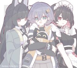 3girls absurdres animal_ears aqua_jacket bangboo_(zenless_zone_zero) belle_(zenless_zone_zero) black_dress black_necktie blue_hair blunt_bangs collared_shirt colored_inner_hair crossed_bangs dress ellen_joe eous_(zenless_zone_zero) fins fish_tail fox_ears fox_girl green_eyes green_jacket hair_ornament highres holding hood hooded_jacket hoshimi_miyabi jacket letter_hair_ornament maid maid_headdress mole mole_under_eye multicolored_hair multiple_girls necktie one_eye_closed red_eyes shark_girl shark_tail shirt smile spiked_headband tail upper_body white_shirt zenless_zone_zero zzzii0