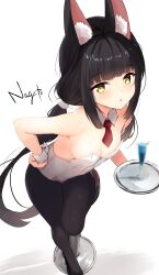 1girl absurdres animal_ear_fluff animal_ears azur_lane black_pantyhose breasts character_name cocktail_glass commentary_request cup detached_collar drinking_glass fox_ears fox_girl hamiro highres holding holding_tray leotard looking_at_viewer nagato_(azur_lane) necktie pantyhose parted_lips playboy_bunny red_necktie short_necktie small_breasts strapless strapless_leotard tray white_leotard wrist_cuffs yellow_eyes