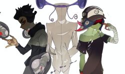 1boy 1girl 1other bandaged_arm bandages baseball_cap battering_lento black_dress cipher_(splatoon) closed_mouth colored_skin commentary dedf1sh dress green_skin hat headphones_over_headwear highres inkling inkling_boy inkling_player_character jacket jelleton nintendo octoling off-shoulder_dress off_shoulder purple_eyes red-tinted_eyewear red_eyes sanitized_(splatoon) short_hair shrimp simple_background splatoon_(series) splatoon_3 splatoon_3:_side_order standing swarming_languendo tinted_eyewear white_background white_jacket zer_skd