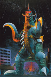 alien amputee building buzzsaw_(tool) circular_saw cyborg destruction eclipse epic fire full_body giant giant_monster gigan godzilla_(series) kaida_yuji kaiju lunar_eclipse meteor meteor_shower monster moon night oil_refinery prosthesis prosthetic_arm saw shooting_star sky smoke solo space space_monster standing star_(sky) star_(symbol) starry_sky toho