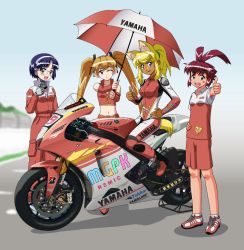 4girls aiko_(magipoka) android animal_ears antenna_hair bad_id bad_pixiv_id biker_clothes bikesuit blonde_hair blue_eyes blue_hair bodysuit dark-skinned_female dark_skin everyone glasses green_eyes hairband liru long_hair midriff motor_vehicle motorcycle multiple_girls navel on_motorcycle one_eye_closed pachira red_eyes red_hair renkin_san-kyuu_magical_pokaan short_hair tail thumbs_up tokka twintails umbrella vehicle wink wolf_ears yamaha yellow_eyes yuuma_(magipoka)