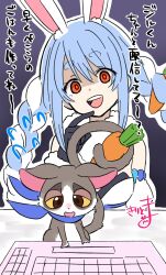 Rule 34 | 1girl, :d, animal, animal ear fluff, animal ears, black gloves, black leotard, blue hair, braid, breasts, carrot hair ornament, commentary request, computer keyboard, detached sleeves, don-chan (usada pekora), dress, flying sweatdrops, food-themed hair ornament, fur-trimmed gloves, fur trim, gloves, hair between eyes, hair ornament, hand up, head tilt, highres, hololive, jiru-kun (usada pekora), kiritoma, leotard, looking at viewer, multicolored hair, open mouth, orange eyes, outline, prehensile tail, puffy short sleeves, puffy sleeves, rabbit ears, senegal bushbaby, short eyebrows, short sleeves, signature, small breasts, smile, strapless, strapless dress, strapless leotard, tail, teeth, thick eyebrows, translation request, twin braids, twintails, two-tone hair, upper body, upper teeth only, usada pekora, usada pekora (1st costume), virtual youtuber, white dress, white hair, white outline, white sleeves