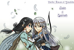 Rule 34 | 2boys, black eyes, black hair, blue eyes, braid, cape, carrying, character name, collar, duilin, egalmoth, elf, english text, floating clothes, floating hair, grey hair, high collar, long hair, male focus, multiple boys, pointy ears, profile, the silmarillion, tolkien&#039;s legendarium, windrelyn