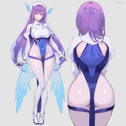 1girl artist_name ass blush breasts chowbie covered_navel full_body gloves long_hair medium_breasts multiple_views nun open_mouth original pelvic_curtain purple_eyes purple_hair thighhighs white_background white_thighhighs wings