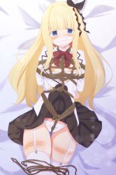 1girl arms_behind_back bdsm bed bed_sheet between_breasts between_legs between_thighs black_bow black_ribbon black_skirt blonde_hair blue_eyes blush bondage bound bound_arms bound_breasts bound_torso bow bow_bra bowtie bra bra_pull breast_bondage breasts breasts_out cleft_of_venus cloth_gag clothes_lift clothes_pull collar collared_jacket collared_shirt commission commissioner_upload crotch_rope embarrassed female_focus frilled_collar frilled_jacket frilled_panties frilled_shirt frilled_shirt_collar frills gag gagged garter_straps gluteal_fold hair_between_eyes hair_bow hair_ornament hair_ribbon hamuta_(machosbrown) improvised_gag jacket juliet_persia kishuku_gakkou_no_juliet long_hair long_sleeves looking_at_viewer lying medium_breasts nipples on_back open_clothes open_jacket open_mouth open_shirt over_the_nose_gag panties pelvic_curtain pleated_skirt red_bow red_bowtie ribbon rope rope_marks shibari shibari_over_clothes shirt sidelocks skeb_commission skin_tight skindentation skirt skirt_lift solo thigh_gap thigh_strap thighhighs thighs unbuttoned unbuttoned_jacket unbuttoned_shirt underwear very_long_hair white_background white_bra white_garter_straps white_jacket white_panties white_shirt white_thighhighs