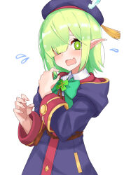 absurdres aoi_(princess_connect!) blunt_bangs bow dress green_bow green_eyes hair_over_one_eye hat hat_tassel highres isocha open_mouth pointy_ears princess_connect! purple_dress purple_headwear short_hair simple_background three-quarter_sleeves teardrop wavy_mouth white_background