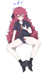 1girl bar_censor black_eyes black_panties black_shirt black_socks blue_archive blush censored closed_mouth collared_shirt female_pubic_hair from_above full_body halo highres iroha_(blue_archive) long_hair lying necktie no_shoes on_back panties panties_around_ankles panty_pull pubic_hair purple_halo pussy_juice red_hair red_necktie shirt short_sleeves simple_background socks solo spread_legs unamaso underwear white_background