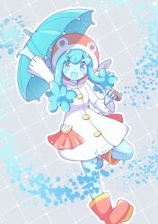 1girl arm_up blue_eyes blue_mouth blue_skin blue_umbrella coat_dress colored_skin curly_bangs dorsiflexion_(wrist) dot_nose dress fish_hood foot_out_of_frame full_body grey_background grid_background hand_up happy highres hood hood_up jazz_grace legs long_sidelocks long_sleeves looking_at_viewer monster_girl open_mouth outline over_shoulder puyopuyo puyopuyo_quest red_footwear red_hood short_hair_with_long_locks sidelocks slime_girl smile splatter standing standing_on_one_leg umbrella undine_(puyopuyo) white_dress white_outline
