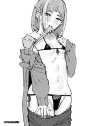 1girl bikini blush breasts cardigan cowboy_shot front-tie_bikini_top front-tie_top greyscale hair_ornament highres lifting_own_clothes long_sleeves looking_at_viewer monochrome mouth_hold navel original otimusyairoha side-tie_bikini_bottom simple_background small_breasts solo swimsuit