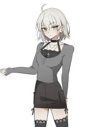 1girl ahoge alternate_costume black_choker black_skirt black_thighhighs choker closed_mouth collarbone commentary cross cross_necklace fate/grand_order fate_(series) goth_fashion grey_shirt hair_between_eyes highres jeanne_d&#039;arc_alter_(fate) jewelry latin_cross long_sleeves looking_at_viewer necklace quiro16 shirt short_hair simple_background skirt sleeves_past_wrists solo symbol-only_commentary thighhighs white_background yellow_eyes