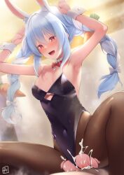1boy 1girl :d animal_ears black_leotard black_pantyhose blue_hair bow bowtie braid breasts carrot_hair_ornament censored clothing_aside clothing_cutout commentary_request cowgirl_position cum cum_in_pussy cum_overflow detached_collar food-themed_hair_ornament hair_ornament hetero highres hikimayu hololive ichi-go leotard leotard_aside long_hair looking_at_viewer multicolored_hair open_mouth pantyhose playboy_bunny rabbit_ears rabbit_girl rabbit_pose sex short_eyebrows sidelocks small_breasts smile solo_focus straddling strapless strapless_leotard thick_eyebrows torn_clothes torn_pantyhose traditional_bowtie twin_braids twintails two-tone_hair underboob_cutout usada_pekora usada_pekora_(1st_costume) vaginal virtual_youtuber white_hair wrist_cuffs
