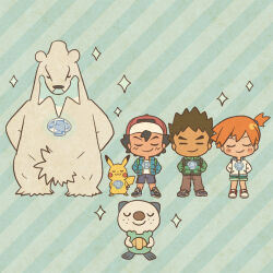 1girl 2boys aqua_jacket aqua_shorts arms_behind_back ash_ketchum beartic blue_shoes blue_shorts blush blush_stickers brock_(pokemon) brown_hair brown_pants chibi closed_eyes closed_mouth commentary_request dark-skinned_male dark_skin full_body gen_1_pokemon gen_5_pokemon green_jacket hat ice jacket misty_(pokemon) mojacookie multiple_boys nintendo official_alternate_costume official_art open_clothes open_jacket orange_hair oshawott pants pikachu pokemon pokemon_(anime) pokemon_(creature) pokemon_journeys ponytail purple_shoes red_hat red_shoes seashell second-party_source shell shirt shoes short_ponytail short_shorts shorts side_ponytail smile sparkle spiked_hair standing striped_background white_jacket white_shirt