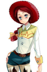 1girl animification bad_id bad_pixiv_id blue_eyes blush braid contrapposto cowboy_hat cowboy_shot cowboy_western cowgirl_(western) female_focus hand_on_own_hip hat highres hip_focus jessie_(toy_story) jessie_the_yodeling_cowgirl kurabayashi long_hair personification red_hair smile solo standing toy_story white_background