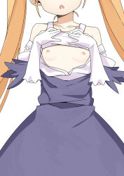 1girl aliese_martini blue_dress bra bra_lift breasts clothes_pull collarbone commentary dress dress_pull english_commentary facing_viewer gloves head_out_of_frame highres loli long_hair mixed-language_commentary morisobo nipples open_mouth orange_hair simple_background small_breasts solo summon_night summon_night_3 training_bra twintails underwear white_background white_bra white_gloves