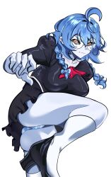 1girl agent_aika aika_(series) ascot ass back black_sclera black_skirt blue_hair braid colored_sclera cosplay delmo delmogeny_uniform glasses high_heels juliet_sleeves kicking long_sleeves panties pantyshot puffy_sleeves red_ascot skirt socks_agency standing striped_clothes striped_panties thighs turning_head twin_braids underwear yellow_eyes yomi_quinnley