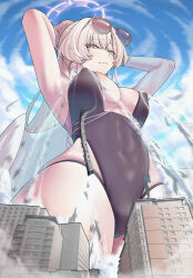 Rule 34 | 1girl, absurdres, armpits, arms behind head, arms up, aviator sunglasses, black one-piece swimsuit, blue archive, blue sky, breasts, brown hair, building, city, closed mouth, cloud, covered erect nipples, feathered wings, from below, giant, giantess, halo, high ponytail, highres, large breasts, long hair, low wings, miaokong, nagisa (blue archive), nagisa (swimsuit) (blue archive), official alternate costume, official alternate hairstyle, one-piece swimsuit, outdoors, ponytail, sky, solo, sunglasses, swimsuit, white wings, wings, yellow eyes
