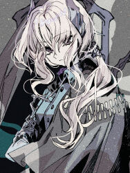 1girl blue_jacket cape closed_mouth film_grain green_cape grey_background grey_eyes grey_hair hair_ornament jacket looking_at_viewer low_ponytail military_uniform ponytail reverse:1999 sentinel_(reverse:1999) solo upper_body yuzu_(parasitic_910)