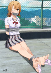 1girl absurdres arms_behind_back barefoot bdsm blush body_blush bondage bound bound_ankles breast_bondage breasts brown_eyes brown_hair collarbone gag gagged hair_between_eyes highres improvised_gag isshiki_iroha legs long_legs looking_at_viewer miniskirt open_collar ribbon school_uniform shadow_xcp skirt tape tape_gag tickling toenails toes yahari_ore_no_seishun_lovecome_wa_machigatteiru.