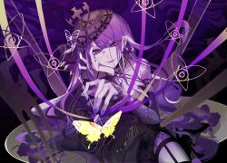 1girl abstract_background aegyo_sal bare_shoulders black_background black_dress black_sleeves blunt_bangs blurry blurry_foreground breasts bug butterfly butterfly_hair_ornament buttons closed_mouth commentary_request criss-cross_halter detached_sleeves double-breasted dress earrings elbow_gloves eyelashes fingerless_gloves foreshortening fork full_body gem gloves hair_ornament half-closed_eyes halterneck hand_on_own_cheek hand_on_own_face hands_up highres holding holding_fork insect jewelry knees_out_of_frame knife kuroume_(aihikarikuroume24) lace lace_gloves large_breasts legwear_garter long_sleeves nail_polish on_plate original plate puffy_long_sleeves puffy_sleeves purple_background purple_eyes purple_gemstone purple_hair purple_lips purple_nails purple_ribbon purple_theme ribbon ringed_eyes simple_background single_detached_sleeve single_elbow_glove single_fingerless_glove single_glove single_sleeve sitting sleeveless sleeveless_dress smile spaghetti_strap spoon thigh_strap tsurime two-tone_background veil wavy_hair yellow_butterfly