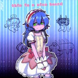 Rule 34 | 1girl, 4chan, absurdres, angel wings, blue background, blue hair, blush, bow, bury pink gril, choker, colored skin, cosplay, demon horns, demon tail, dress, english text, frills, gloves, green eyes, hairband, halo, highres, horns, kaname madoka, kaname madoka (cosplay), long hair, looking at viewer, neppyseagull, pink skin, puffy sleeves, short sleeves, smile, solo, striped background, stuffed animal, stuffed toy, tail, white gloves, wings