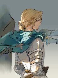 1boy 2others absurdres aged_down armor axis_powers_hetalia blonde_hair blue_cape bow cape cubed_(houkuaid) dressing_another france_(hetalia) gradient_background grey_background hair_bow highres male_focus multiple_others pauldrons ponytail profile purple_eyes purple_hair short_hair shoulder_armor simple_background solo_focus