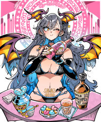 1girl alcohol bar_(place) bare_shoulders bartender bat_ornament bikini black_bikini black_gloves blue_hair blue_trim blush bottle bracelet braid breasts choker colored_inner_hair counter cup demon_girl demon_wings drinking_glass elbow_gloves fingerless_gloves fingernails gloves grey_hair head_wings heart holding holding_bottle jewelry kafun long_hair looking_at_viewer multicolored_hair nail_polish navel one_eye_closed orange_eyes original pubic_tattoo purple_wings shot_glass smile solo star_(symbol) swimsuit table tattoo upper_body very_long_hair wings yellow_nails yellow_wings