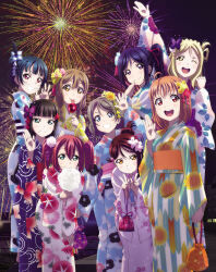 6+girls aerial_fireworks alternate_hairstyle aqua_eyes artbook black_hair blonde_hair blue_eyes blue_hair braid brown_hair candy_apple cotton_candy fireworks flower food grey_hair hair_flower hair_ornament highres japanese_clothes kimono kinchaku kunikida_hanamaru kurosawa_dia kurosawa_ruby long_hair looking_at_viewer love_live! love_live!_sunshine!! matsuura_kanan mole mole_under_mouth multiple_girls night non-web_source official_art ohara_mari one_eye_closed open_mouth orange_hair pouch purple_eyes purple_hair red_eyes red_hair sakurauchi_riko short_hair smile takami_chika tsushima_yoshiko v watanabe_you yellow_eyes yukata
