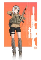 1girl absurdres ammunition_pouch armband artist_logo bike_shorts black_shorts brown_eyes brown_gloves brown_jacket brown_shoes bulletproof_vest carabiner closed_mouth combat_helmet commission dated eyewear_on_head full_body gloves gogo_(gogo_23) grey_hair gun handgun helmet highres holster holstered jacket leg_warmers lightstick logo looking_at_viewer orange-tinted_eyewear original pouch rifle scar scar_across_eye scar_on_face shoes short_hair shorts sig_mcx sig_sauer single_glove solo suppressor tactical_clothes thigh_holster tinted_eyewear unworn_headwear unworn_helmet weapon
