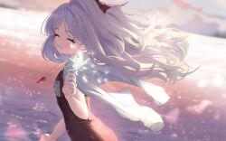 1girl ahoge blue_archive demon_girl demon_horns highres hina_(blue_archive) hina_(swimsuit)_(blue_archive) horns inu_lin long_hair ocean old_school_swimsuit outdoors school_swimsuit smile solo standing swimsuit whistle whistle_around_neck white_hair