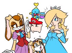 3girls animal_ears ascot baby_luma blonde_hair blue_dress blue_eyes bow bowtie brodtsumi brown_eyes chao_(sonic) cheese_(sonic) cream_the_rabbit crossover crown cupcake dress earrings food furry furry_female gloves hair_over_one_eye hat heart jewelry looking_at_another luma_(mario) mario_(series) mother&#039;s_day mother_and_daughter multiple_girls nintendo one_eye_closed open_mouth puffy_short_sleeves puffy_sleeves purple_ascot purple_nails rabbit_ears red_bow red_bowtie red_hat rosalina short_sleeves simple_background sonic_(series) sparkle star_(symbol) star_earrings super_mario_galaxy vanilla_the_rabbit white_background white_gloves