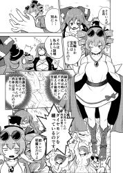 1boy 6+girls abs anchor_symbol areola_slip biceps blush boots breasts comic commentary_request drill_hair eyewear_on_head flexing greyscale hair_ribbon hat headdress highres hijiri_byakuren himajin_noizu huge_breasts jewelry kumoi_ichirin large_breasts mini_hat monochrome multiple_girls murasa_minamitsu muscular muscular_female necklace nipples nude one_eye_closed ribbon skirt sparkle touhou translation_request unzan veins yorigami_jo&#039;on yorigami_shion