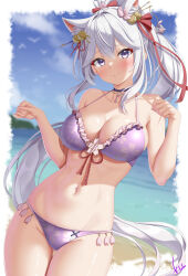 1girl :3 animal_ear_fluff animal_ears bare_shoulders beach bell bikini blue_sky blush breasts cat_ears choker cleavage floral_print frilled_bikini frills front-tie_bikini_top front-tie_top hair_bell hair_between_eyes hair_ornament hair_ribbon highres jingle_bell kogarashi_tobi large_breasts long_hair looking_at_viewer navel original outdoors paw_pose ponytail print_bikini purple_bikini purple_choker purple_eyes red_ribbon ribbon signature sky smile solo swimsuit very_long_hair white_hair