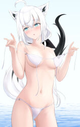1girl absurdres ahoge alternate_costume animal_ears aqua_eyes averting_eyes bare_shoulders bikini blush braid breasts collarbone commentary_request cow crossed_bangs double_fox_shadow_puppet fox fox_ears fox_shadow_puppet fox_tail gluteal_fold highres hololive long_hair low-tied_long_hair medium_breasts navel o-ring o-ring_bottom parted_lips see-through_bikini see-through_clothes seriponpoyon shirakami_fubuki shirt side_braid single_braid solo stomach swimsuit tail thighs untied_bikini_top untying virtual_youtuber water white_bikini white_shirt