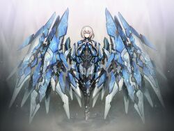 1girl aqua_eyes armor blue_eyes bodysuit floating full_body grey_hair highres hyemalequisetum looking_at_viewer mecha_musume mechanical_wings medium_hair original own_hands_together science_fiction short_hair solo straight-on white_hair wings